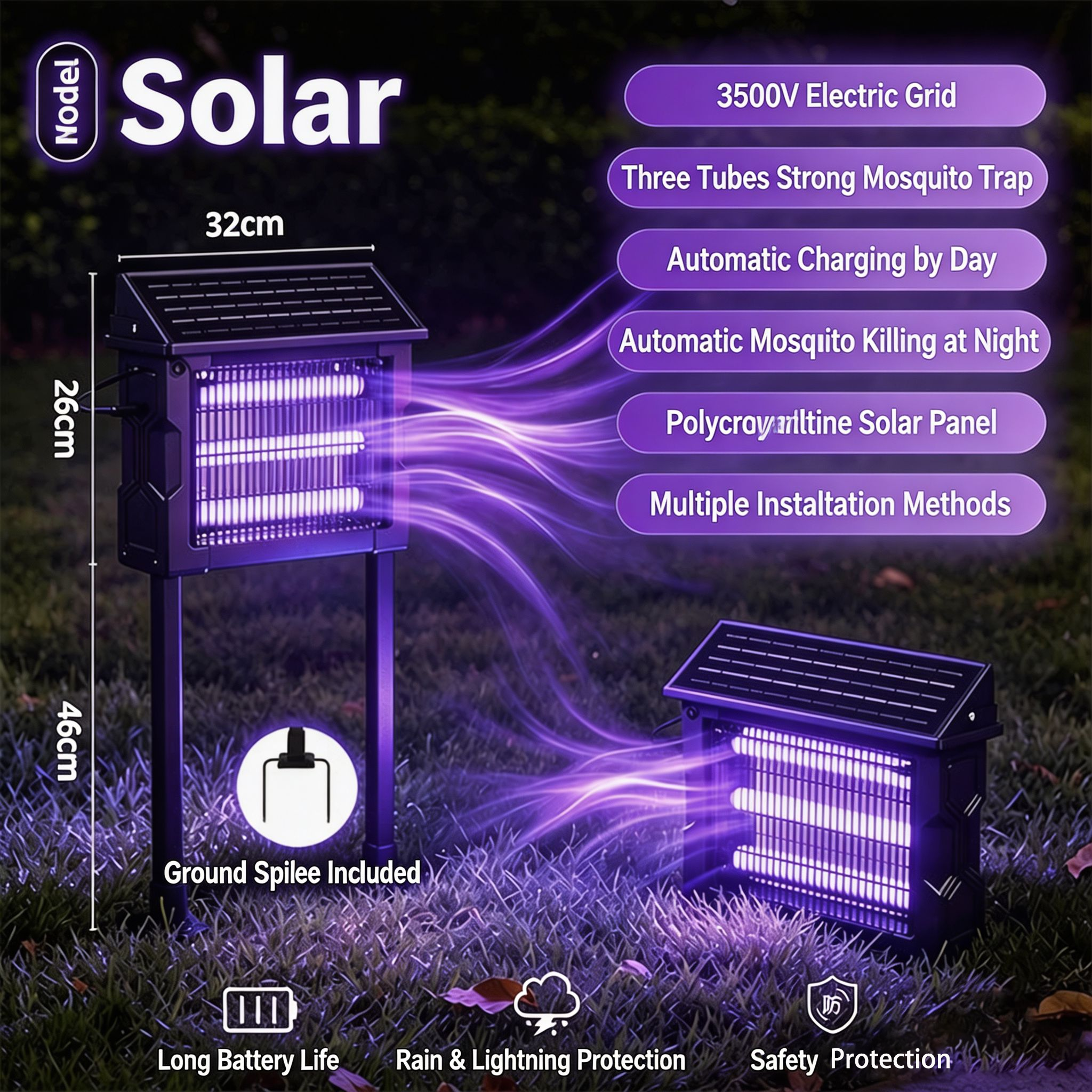 32 cm WMD-014 solar mosquito killer lamp with ground stake