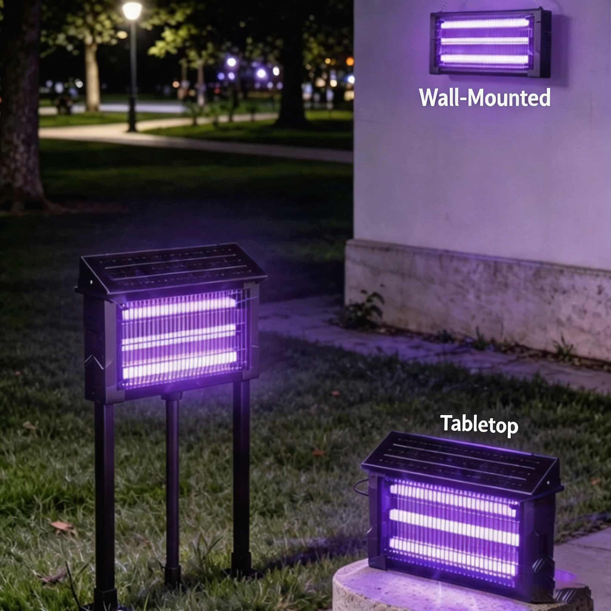 solar mosquito killer lamp with ground stake, wall-mounted and tabletop installation options